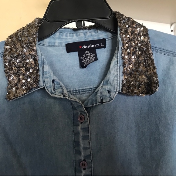 Denim 24/7 Plus Sz18W Long Sleeve Silver Sequined Collar Denim Shirt Comfy - Picture 6 of 7